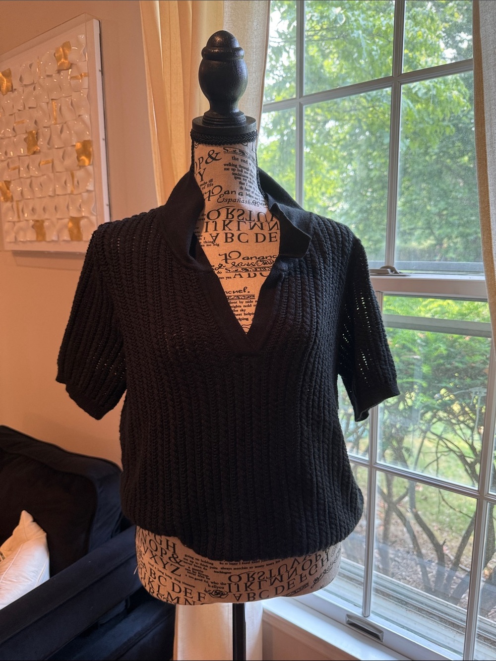 Black Short-Sleeve Knit Polo Top
